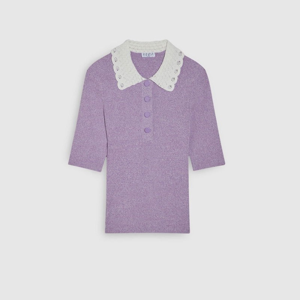 Claudine Pierlot Lavender Knit Top with White Eyelet Collar
